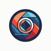 circular logo presentando un geométrico diseño en un simplificado estilo, un sencillo y simplificado gráfico de un cámara lente para un centrado en la fotografía Noticias toma de corriente vector