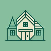 A green and white house stands against a background of trees, A minimalist logo featuring a single line drawing of a leaf vector