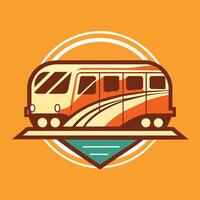 un tren es visto Moviente en un tren pista en contra un naranja fondo, un simple, elegante símbolo representando público transporte, minimalista sencillo moderno logo diseño vector