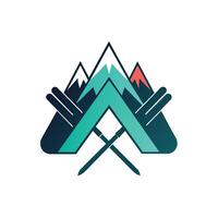 Logo of two hands holding a mountain, symbolizing strength and support, A simple design showcasing a pair of skis on a snowy slope vector