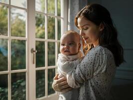 madre participación su bebé junto a un Brillo Solar ventana imagen foto