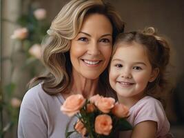 de la madre día un madre y hija son mirando a cada otro con flores foto