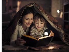 madre y niño son leyendo libro debajo un cobija foto