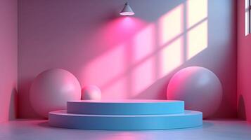 3D rendering featuring a blue and pink empty podium, softly illuminated by a spotlight photo