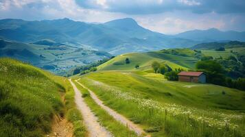 peaceful countryside, surrounded by green hills and mountains photo