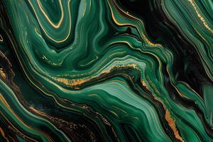rich green, black and gold liquid marble splash background, luxury marble tile pattern photo