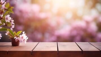 de madera mesa mostrar, primavera flores fondo para producto escaparate foto