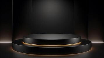 minimalist podium in black and gold with spotlight for product presentation photo