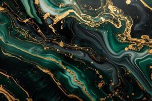 rich green, black and gold liquid marble splash background, luxury marble tile pattern photo