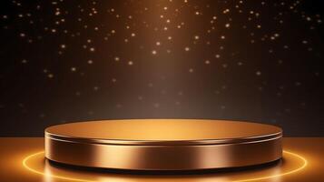 a shimmering gold podium stands, spotlighted and ready for product presentation, exuding luxury and elegance photo
