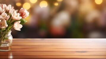wooden tabletop display, spring blossoms backdrop for product showcase photo