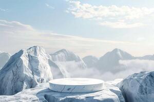 empty white podium on top of mountain for product display, minimal, clear sky background photo