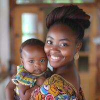 sonriente africano madre con su bebé adecuado para centrado en la familia contenido foto