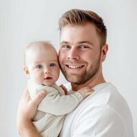 sonriente joven padre participación bebé adecuado para familia servicios publicidad foto