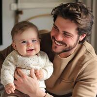 Happy father holding his smiling baby suitable for family or parenting content photo