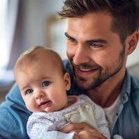 Father holding his baby with a warm and affectionate look photo