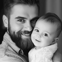 retrato de un sonriente barbado hombre participación un bebé foto