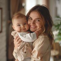 Mother holding her baby with a warm smile in a cozy home setting photo