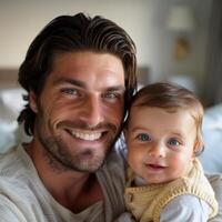 Portrait of smiling man with baby possibly for family-related services or parenting blogs photo