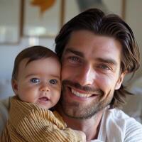 Portrait of a smiling man holding a baby suitable for family-themed advertising photo