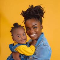 Mother and daughter smiling together against yellow background suitable for advertising and family content photo