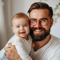 retrato de un sonriente barbado hombre participación un bebé foto