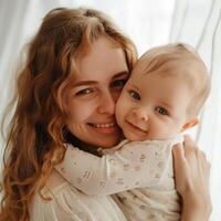 joven madre abrazando su bebé con amor y alegría foto