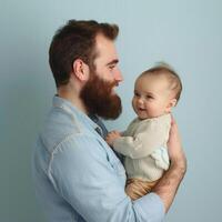 sonriente barbado hombre participación un contento bebé adecuado para familia o paternidad temas foto