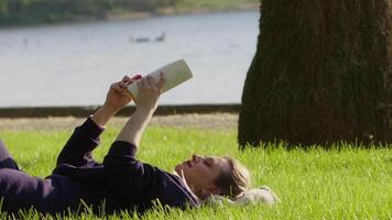 jovem mulher é lendo livro em Relva dentro natureza video