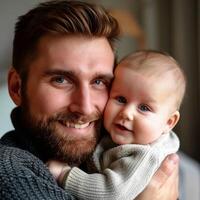 retrato de un sonriente barbado hombre participación un bebé para familia o paternidad conceptos foto