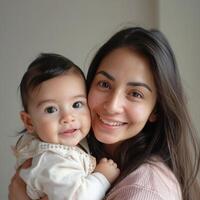 Portrait of a smiling mother holding her baby suitable for family or parenting themes photo