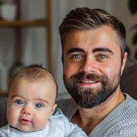 Portrait of smiling father holding an infant suitable for family-related industries photo