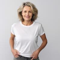 Portrait of a smiling mature woman against a neutral background photo