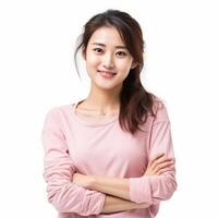 retrato de un sonriente joven asiático mujer potencialmente para Moda o productos cosméticos publicidad foto