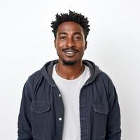 retrato de un sonriente joven africano americano hombre casual atuendo foto