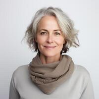 Portrait of a smiling middle-aged woman potentially for lifestyle or skincare advertising photo