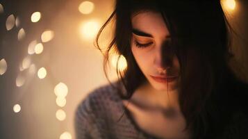 Blurred young female looking down while standing in bright studio illuminated by lights, photo