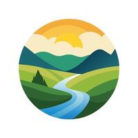 Landscape featuring rolling hills with a river flowing through the scenery, A serene landscape with rolling hills and a calm river, minimalist simple modern logo design vector
