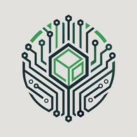 A green and black logo with a cube in the center, showcasing a sleek and minimalist design, A sleek and minimalist design featuring circuit board patterns vector