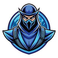 A man wearing a helmet holds a sword in his hand, ready for battle, Artistic Rendering of the Blue Ninja Assassin, Logo, Mascot vector