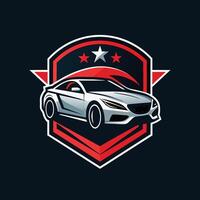 un coche emblema presentando estrellas en un oscuro fondo, representando un moderno y pulcro diseño, un pulcro y moderno diseño representando un coche concesión, minimalista sencillo moderno logo diseño vector