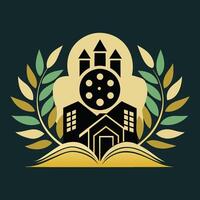 A black and gold logo featuring an open book, symbolizing the art of storytelling, An elegant design representing the art of storytelling through film vector