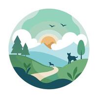 un paisaje presentando arboles y varios animales dispersado a lo largo de, un sereno paisaje con mascotas dispersado a lo largo de, minimalista sencillo moderno logo diseño vector