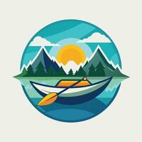 A kayak peacefully floating on top of a calm river, A simple image of a kayak floating on a calm river, minimalist simple modern logo design vector