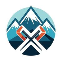 Logo design featuring skis on snow with mountains in the background, A simple design showcasing a pair of skis on a snowy slope vector