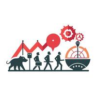 A group of individuals are walking across a field next to a boat, A simple yet impactful design reflecting the evolution of marketing agencies vector