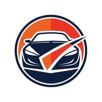 A car positioned within a circle on an orange and blue backdrop, A simplistic logo inspired by the world of automobiles, minimalist simple modern logo design vector