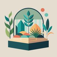 A wooden box on a table holding various plants, A serene garden bed with geometric shapes and minimal color palette vector