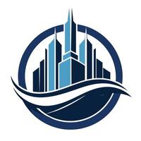 un azul y blanco logo presentando un ciudad horizonte en el medio, resumen representación de crecimiento y renovación en un pulcro, moderno estilo vector