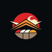 un negro antecedentes exhibiendo un vibrante puesta de sol detrás montañas, creando un sorprendentes silueta, un sencillo y sofisticado diseño para un Sushi bar, minimalista sencillo moderno logo diseño vector